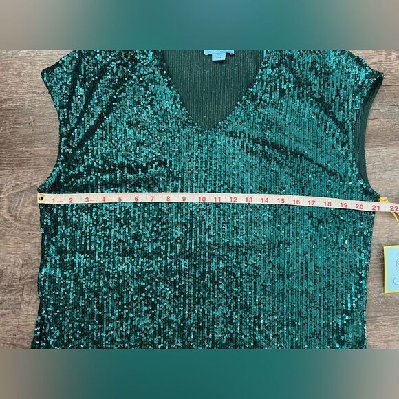 CeCe Sequined V-Neck Cap-Sleeve Green Blouse-Size Large - Picture 5 of 7